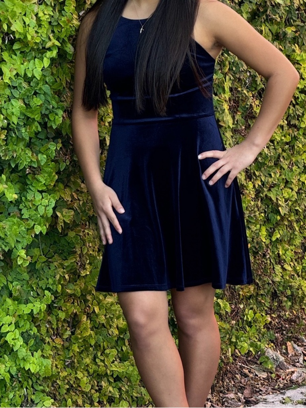 Navy Velvet Fit & Flare Dress Lace Back Juniors M